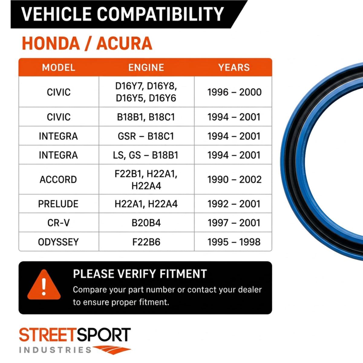 SSI Rear Main Crankshaft Seal for Honda B16A Engine; Silicone Seal, 1 Pack