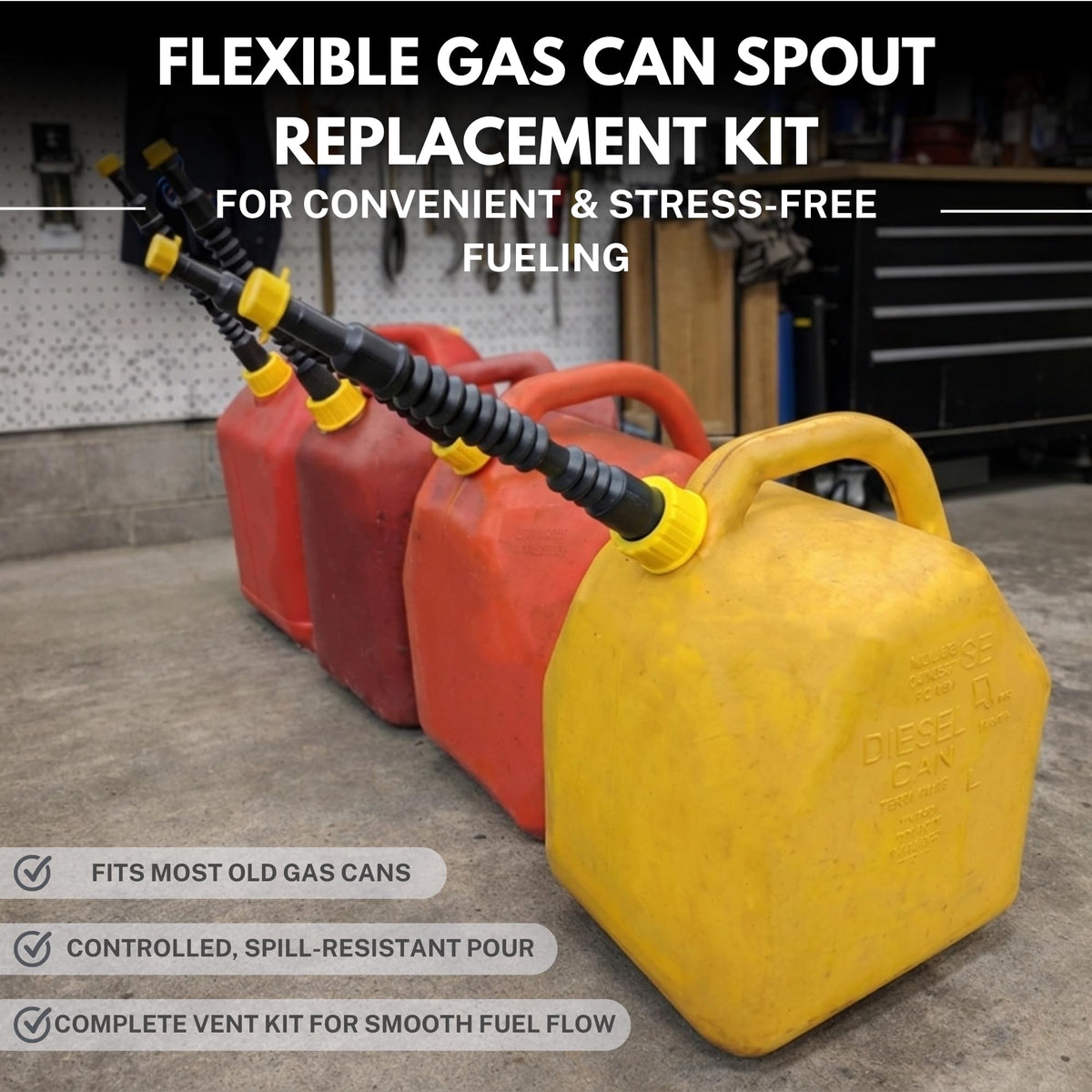 Mr. Yellow Cap Flexible Gas Can Spout Replacement Kit - UPGRADED Anti-Spill Gas Can Nozzle Replacement Fits 1 to 5 Gallo